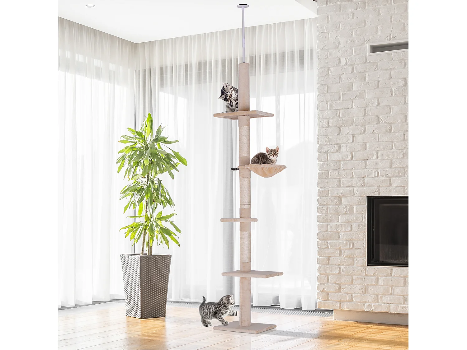 Arbre à chat poteau à griffer L40 x l 34 x H 230-260 cm 5 niveaux d'activités beige