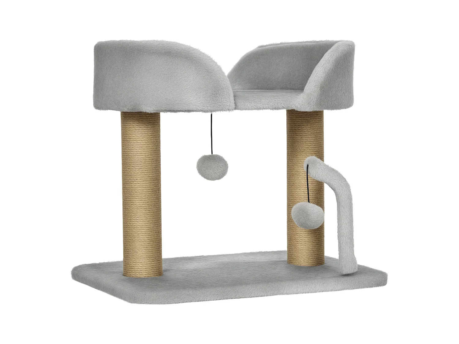 Arbre à chat 2 griffoirs jute naturelle panier jeu 2 boules suspendues avec clochettes peluche grise