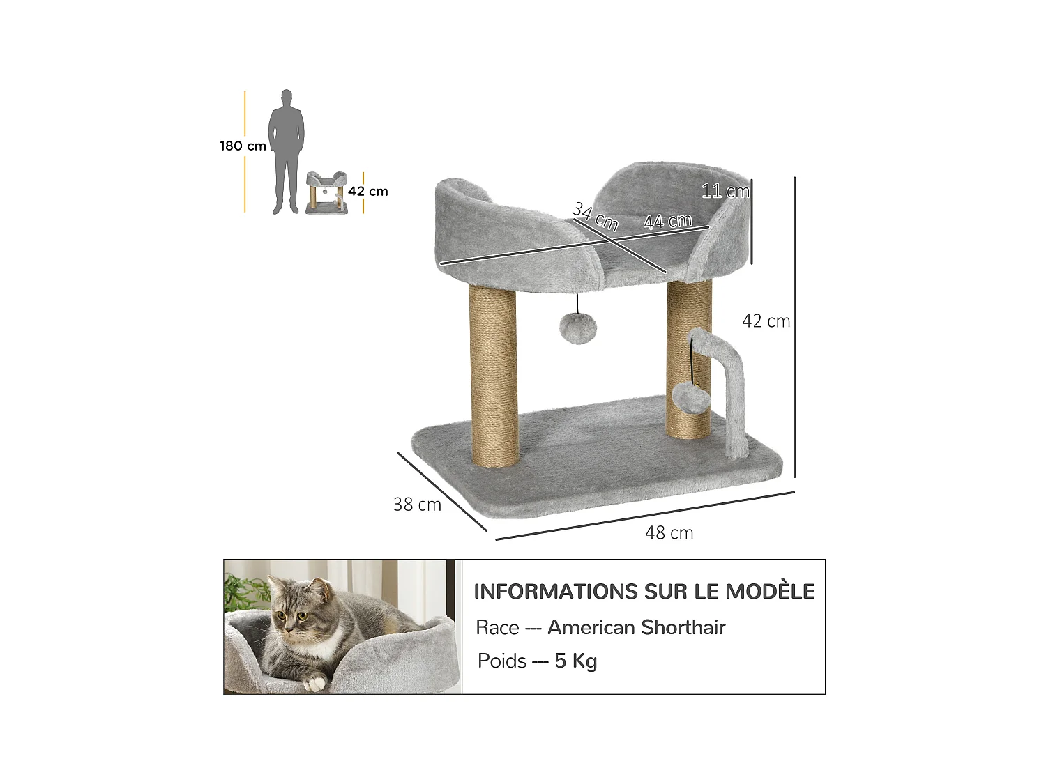 Arbre à chat 2 griffoirs jute naturelle panier jeu 2 boules suspendues avec clochettes peluche grise