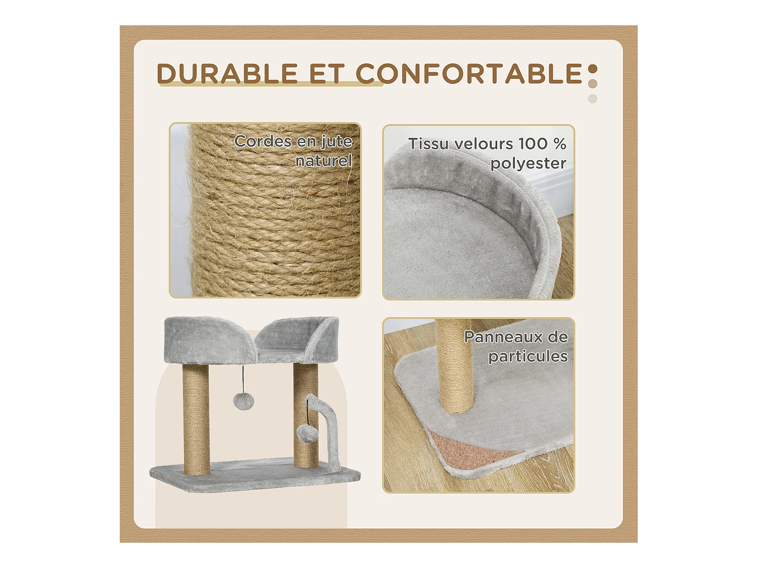 Arbre à chat 2 griffoirs jute naturelle panier jeu 2 boules suspendues avec clochettes peluche grise