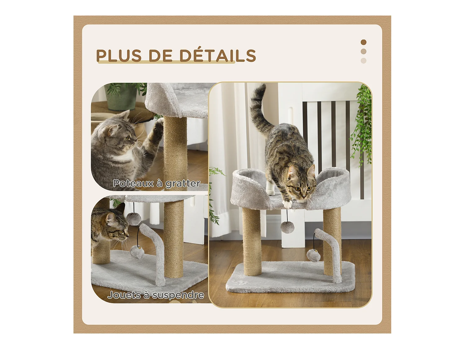 Arbre à chat 2 griffoirs jute naturelle panier jeu 2 boules suspendues avec clochettes peluche grise