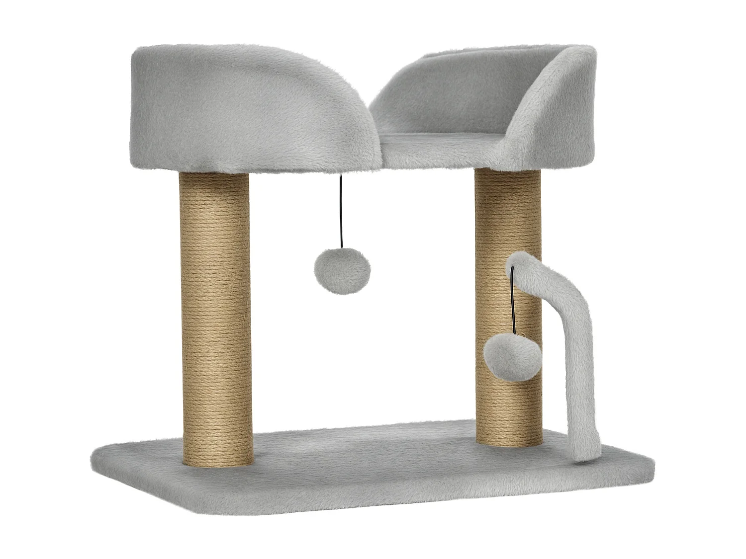 Arbre à chat 2 griffoirs jute naturelle panier jeu 2 boules suspendues avec clochettes peluche grise