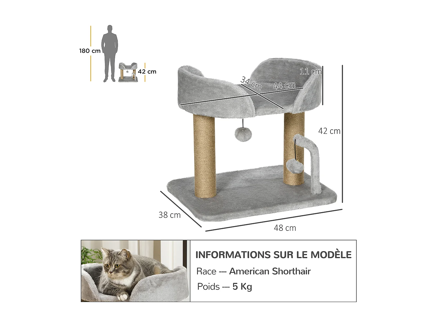 Arbre à chat 2 griffoirs jute naturelle panier jeu 2 boules suspendues avec clochettes peluche grise