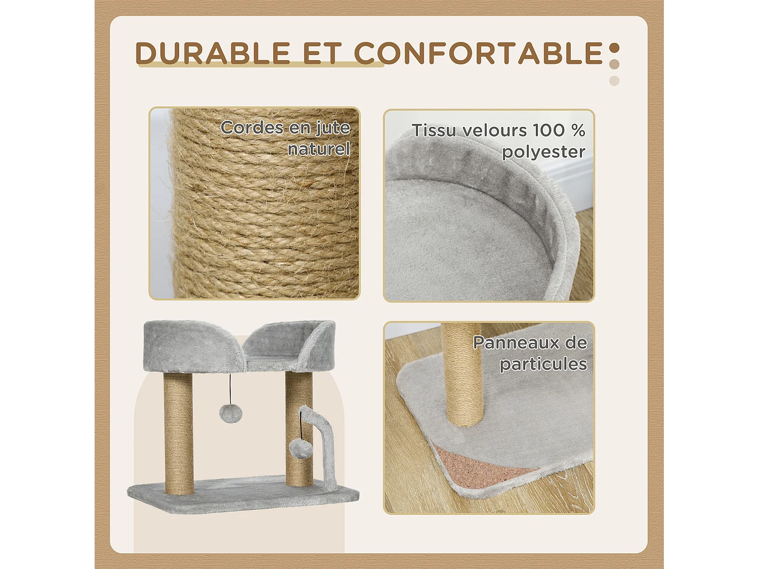 Arbre à chat 2 griffoirs jute naturelle panier jeu 2 boules suspendues avec clochettes peluche grise