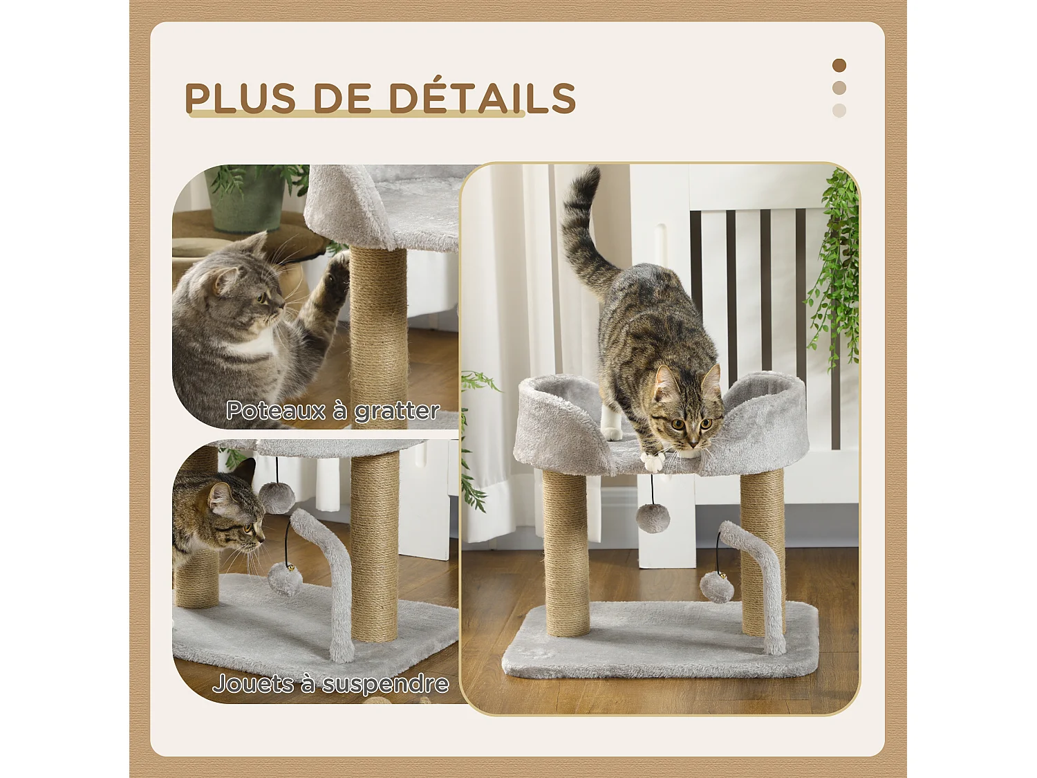 Arbre à chat 2 griffoirs jute naturelle panier jeu 2 boules suspendues avec clochettes peluche grise