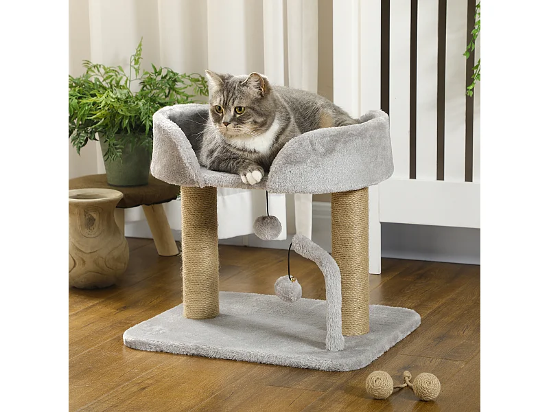 Arbre à chat 2 griffoirs jute naturelle panier jeu 2 boules suspendues avec clochettes peluche grise