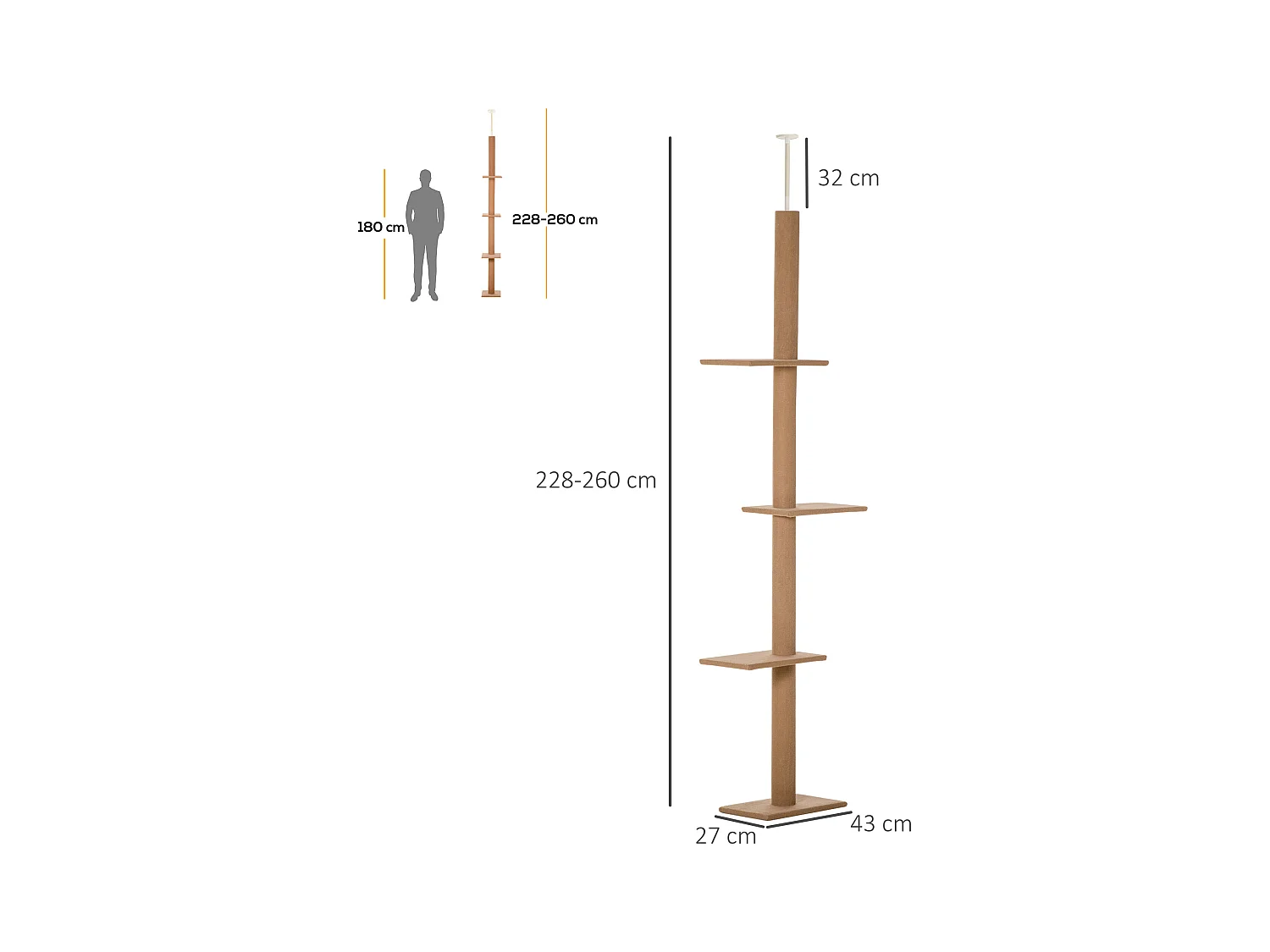 Arbre à chat poteau à griffer hauteur réglable dim. 43L x 27I x 228-260H cm 4 niveaux d'activités marron
