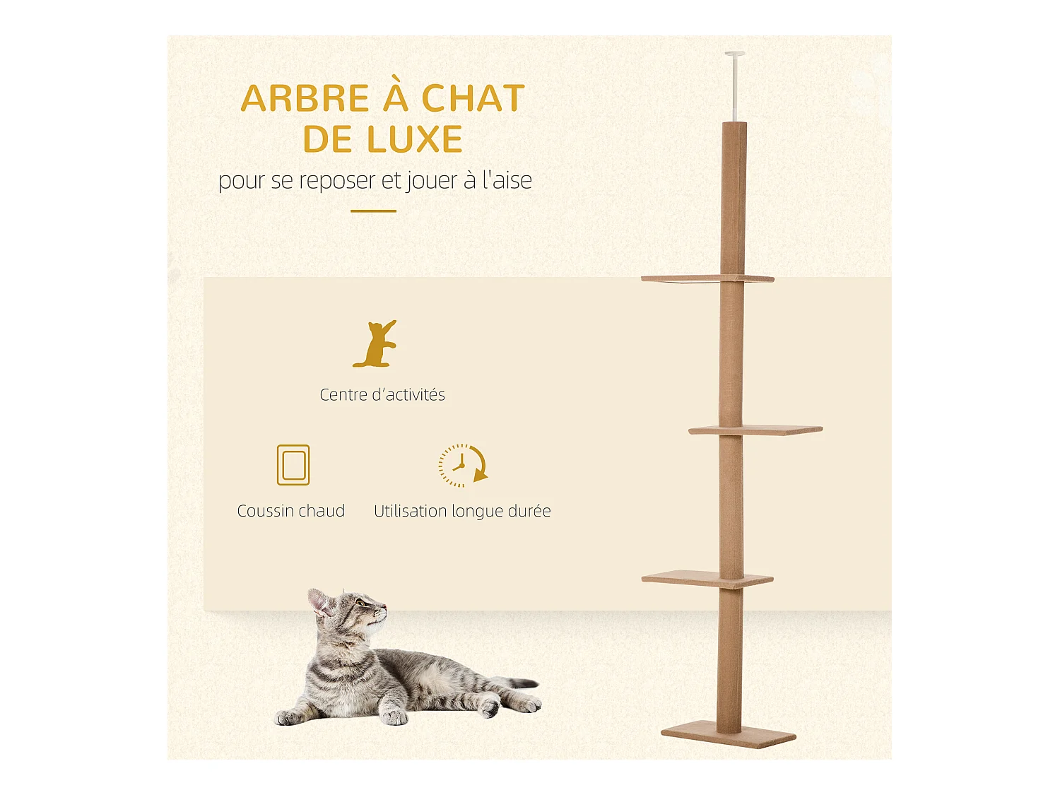 Arbre à chat poteau à griffer hauteur réglable dim. 43L x 27I x 228-260H cm 4 niveaux d'activités marron