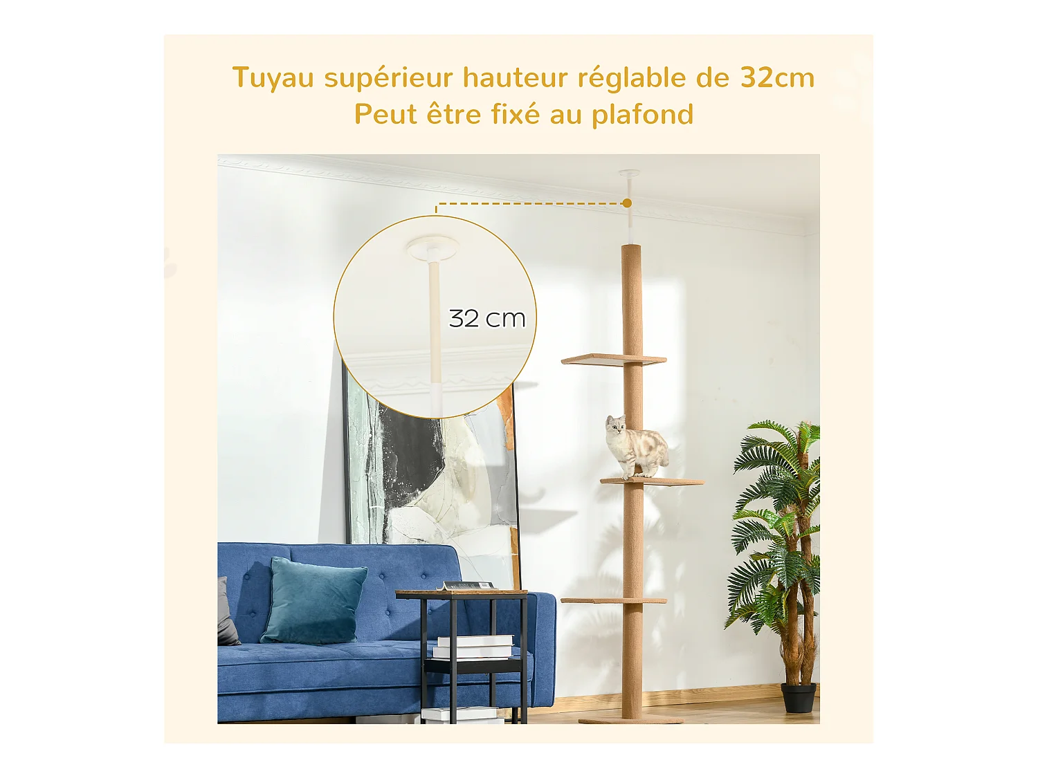 Arbre à chat poteau à griffer hauteur réglable dim. 43L x 27I x 228-260H cm 4 niveaux d'activités marron