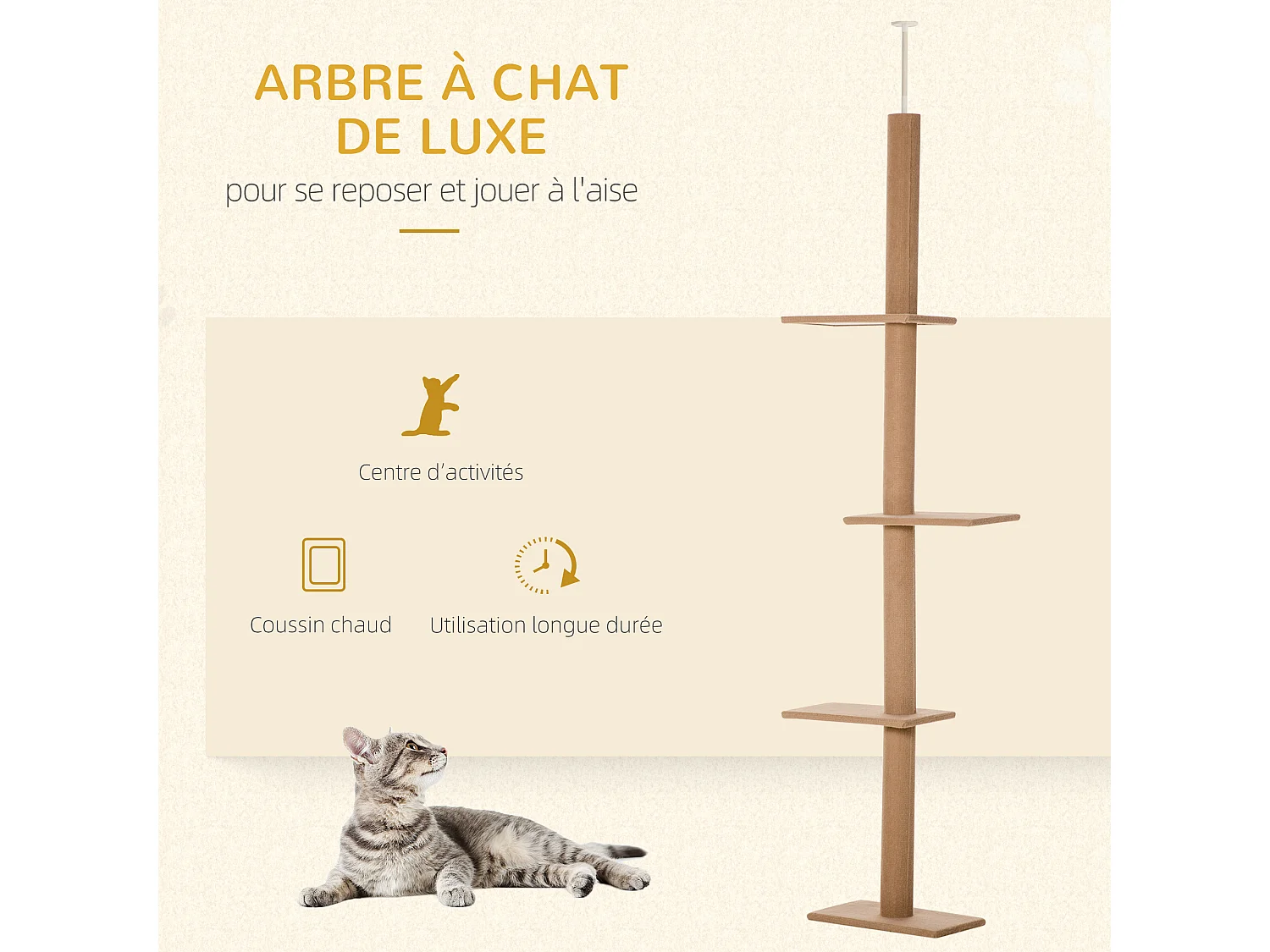 Arbre à chat poteau à griffer hauteur réglable dim. 43L x 27I x 228-260H cm 4 niveaux d'activités marron