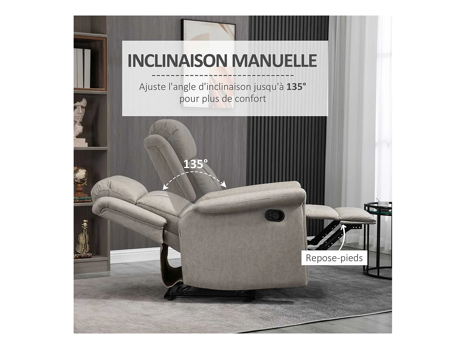 Fauteuil de relaxation inclinable avec repose-pied ajustable revêtement microfibre polyester gris