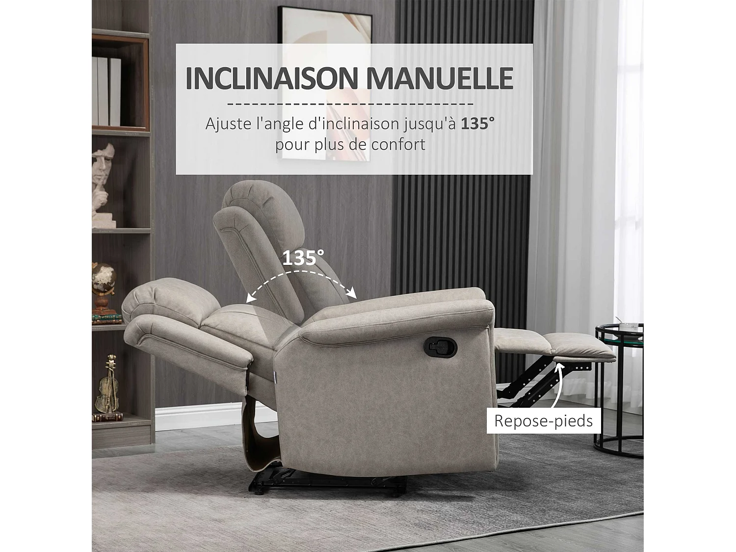 Fauteuil de relaxation inclinable avec repose-pied ajustable revêtement microfibre polyester gris
