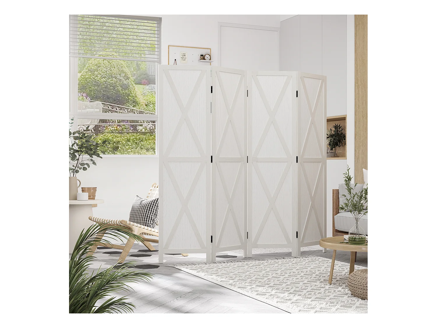 Paravent intérieur 4 panneaux style campagnard chic - séparateur de pièce avec croisillons - bois de paulownia blanc