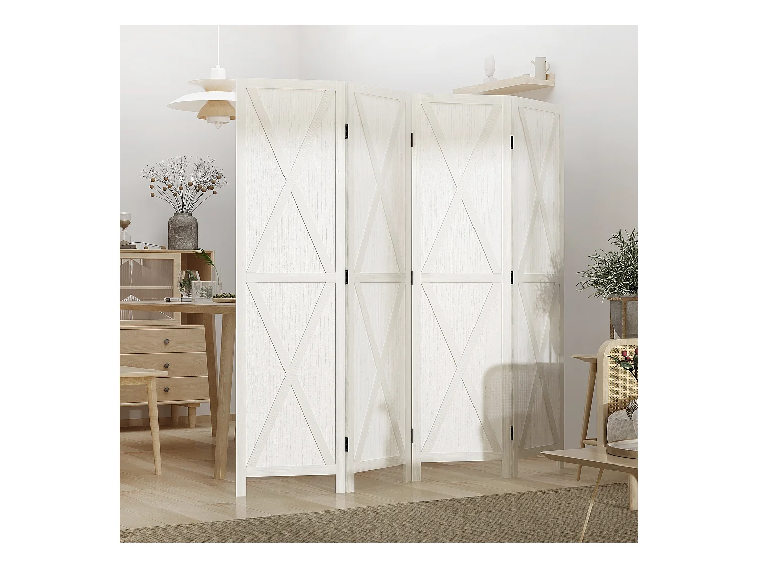 Paravent intérieur 4 panneaux style campagnard chic - séparateur de pièce avec croisillons - bois de paulownia blanc