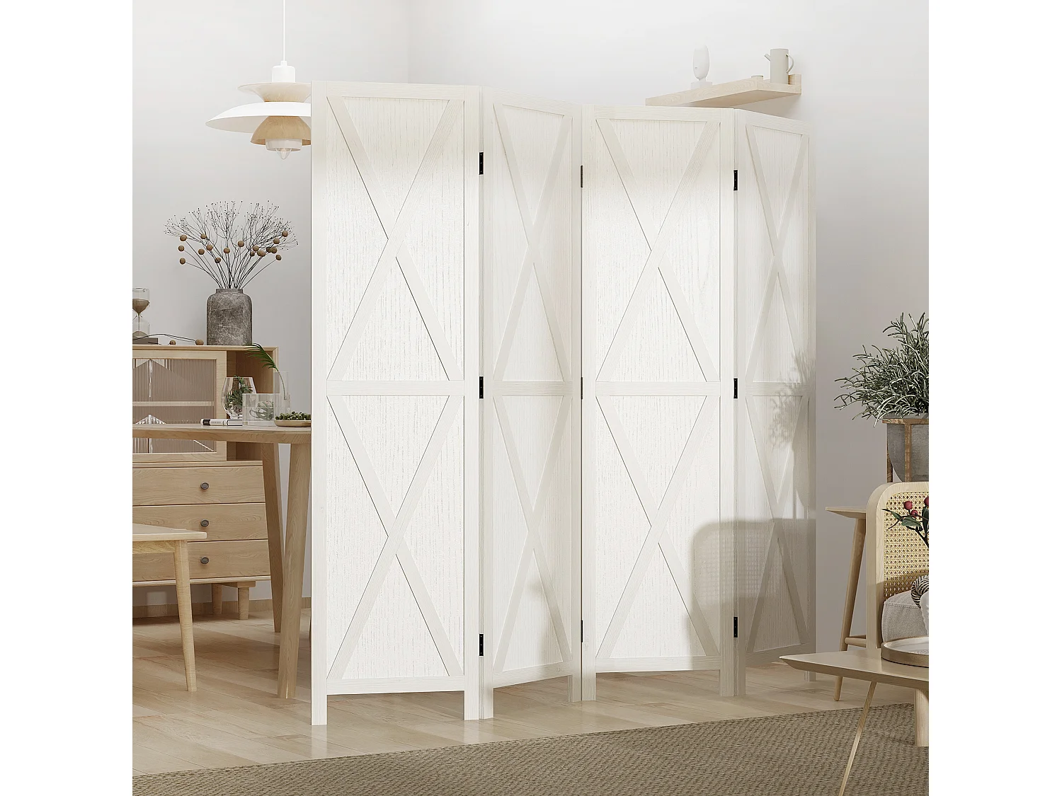 Paravent intérieur 4 panneaux style campagnard chic - séparateur de pièce avec croisillons - bois de paulownia blanc