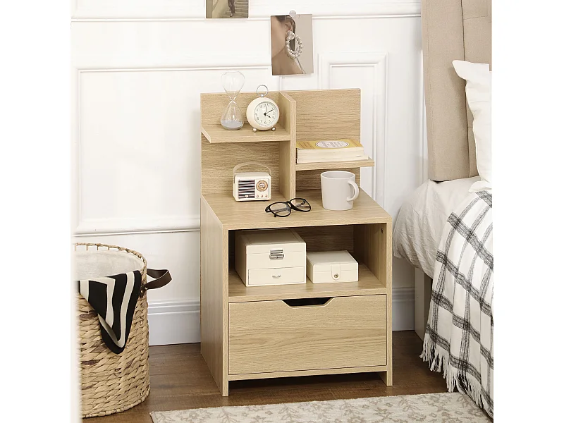 Chevet table de nuit multi-rangement tiroir niche plateau 2 étagères aspect bois de chêne clair