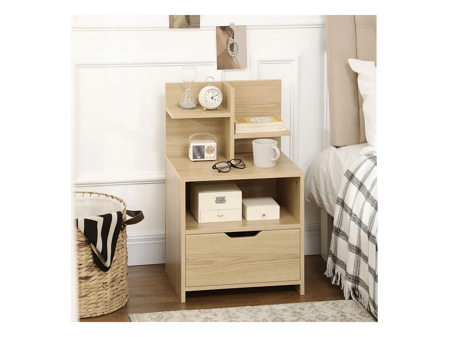 Chevet table de nuit multi-rangement tiroir niche plateau 2 étagères aspect bois de chêne clair