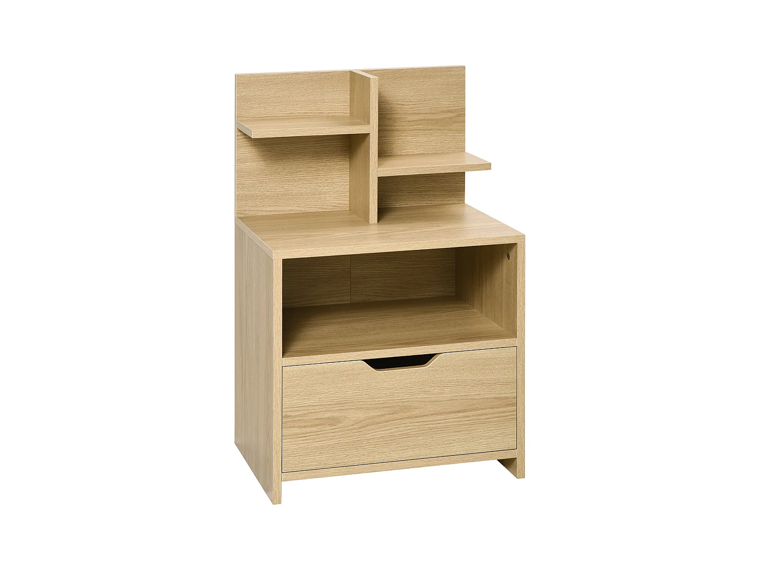 Chevet table de nuit multi-rangement tiroir niche plateau 2 étagères aspect bois de chêne clair