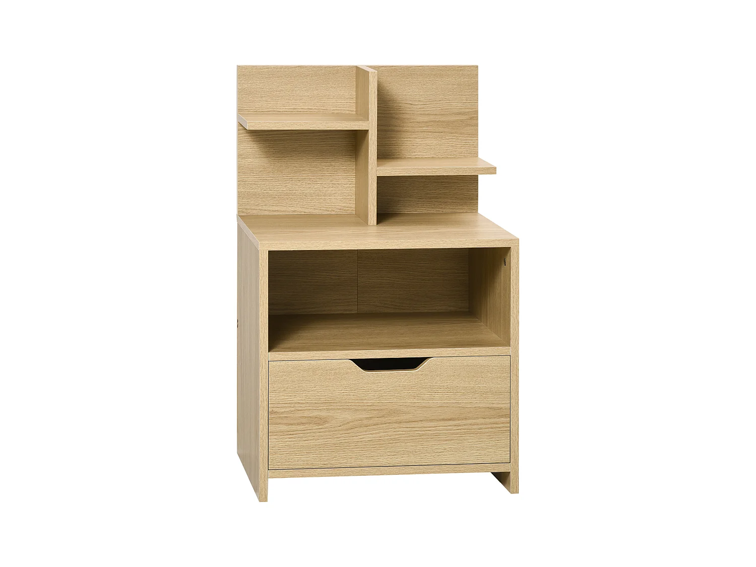 Chevet table de nuit multi-rangement tiroir niche plateau 2 étagères aspect bois de chêne clair