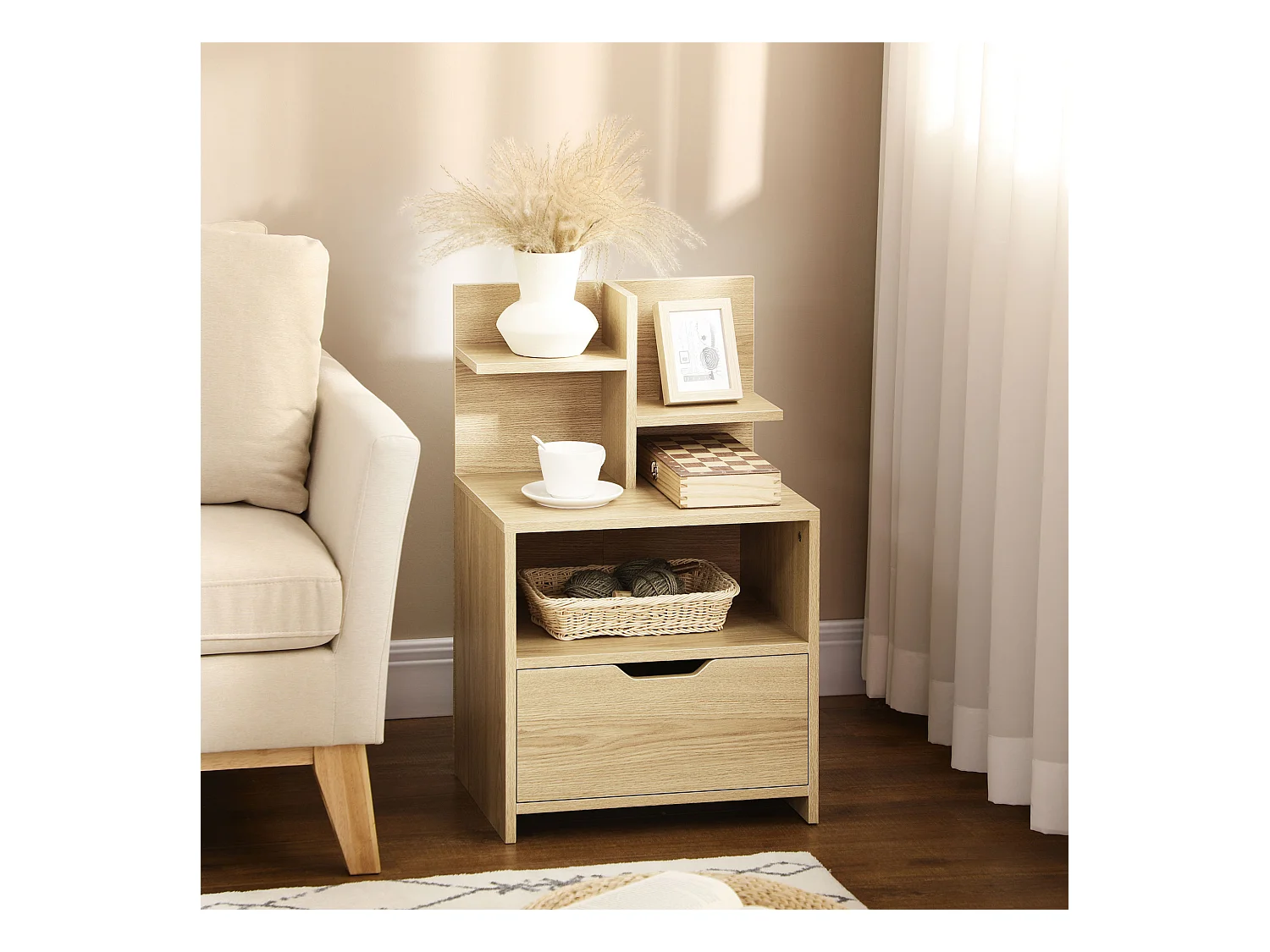 Chevet table de nuit multi-rangement tiroir niche plateau 2 étagères aspect bois de chêne clair