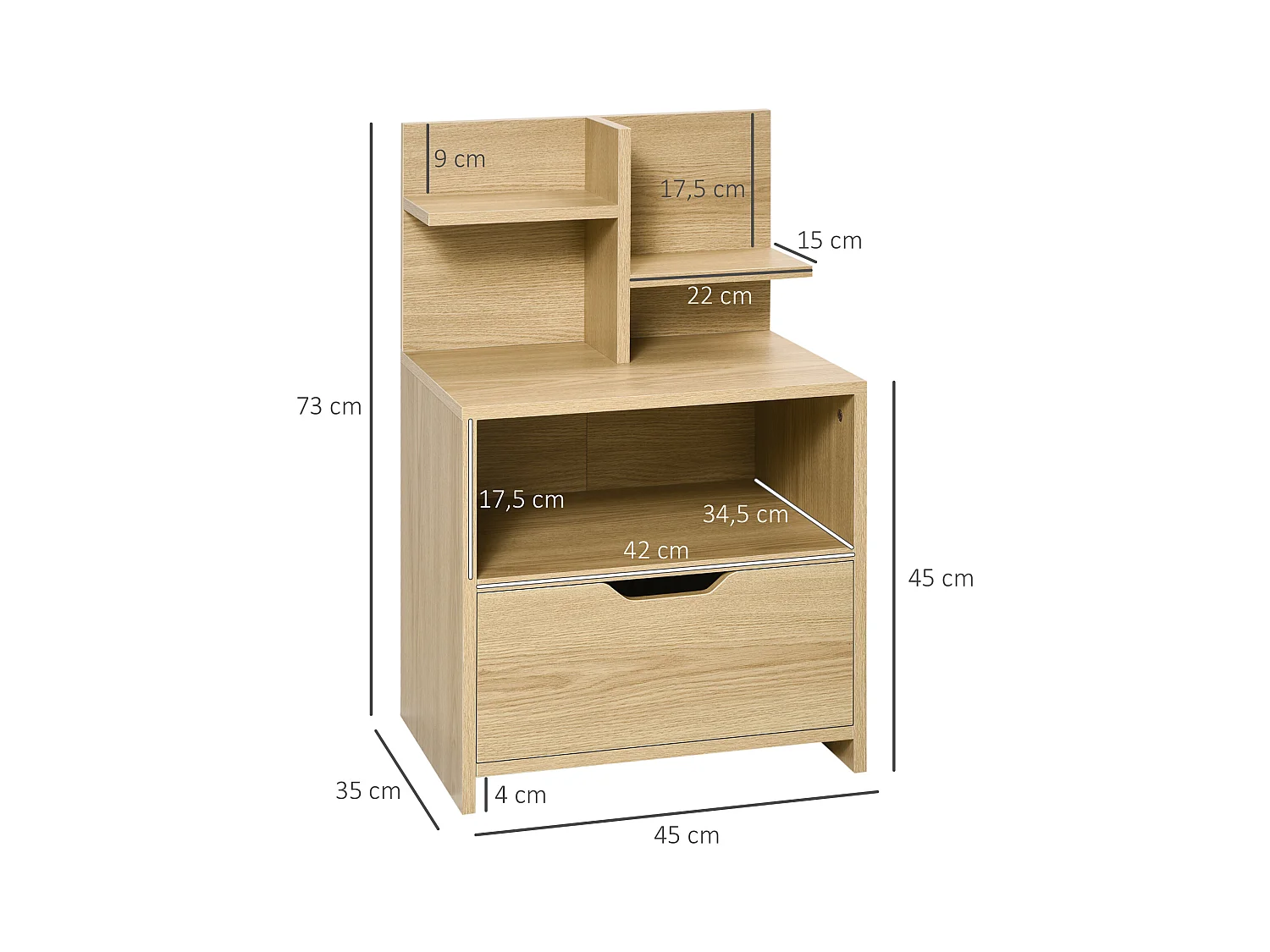 Chevet table de nuit multi-rangement tiroir niche plateau 2 étagères aspect bois de chêne clair