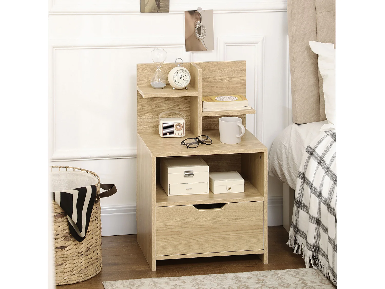 Chevet table de nuit multi-rangement tiroir niche plateau 2 étagères aspect bois de chêne clair