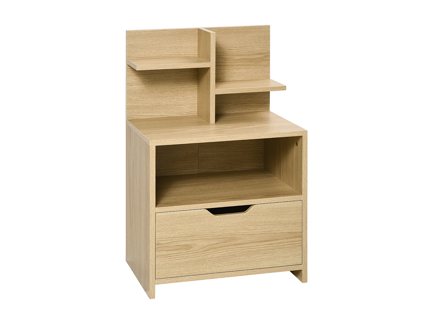 Chevet table de nuit multi-rangement tiroir niche plateau 2 étagères aspect bois de chêne clair