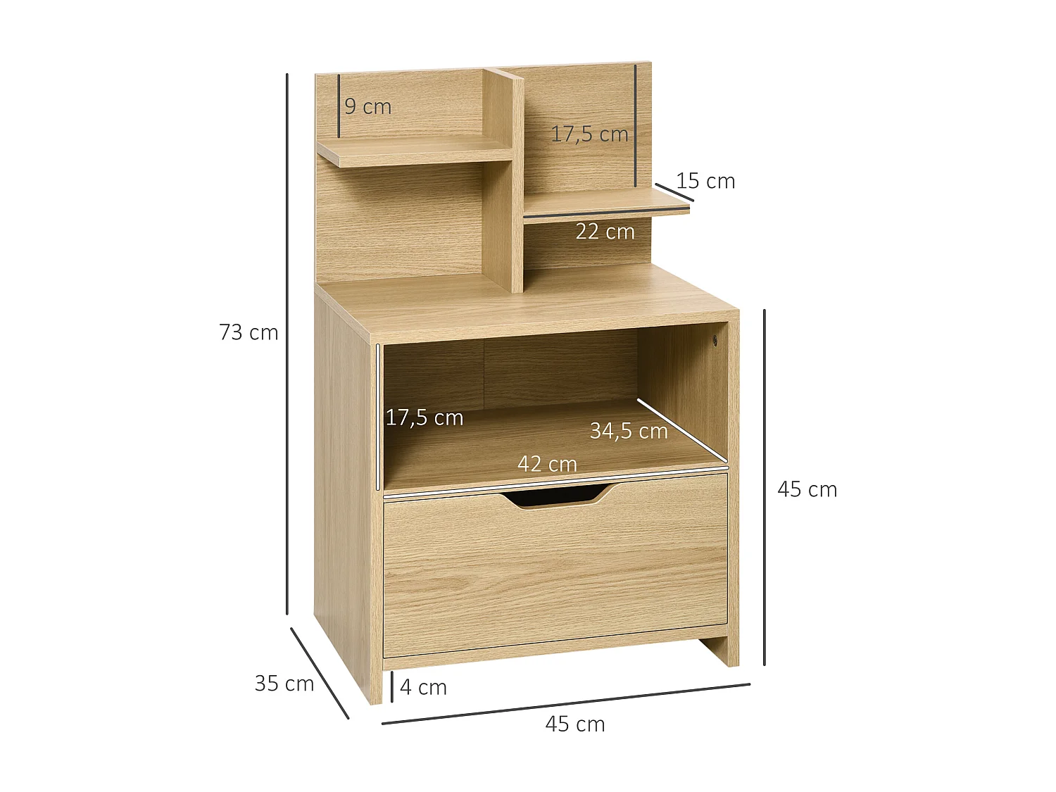 Chevet table de nuit multi-rangement tiroir niche plateau 2 étagères aspect bois de chêne clair