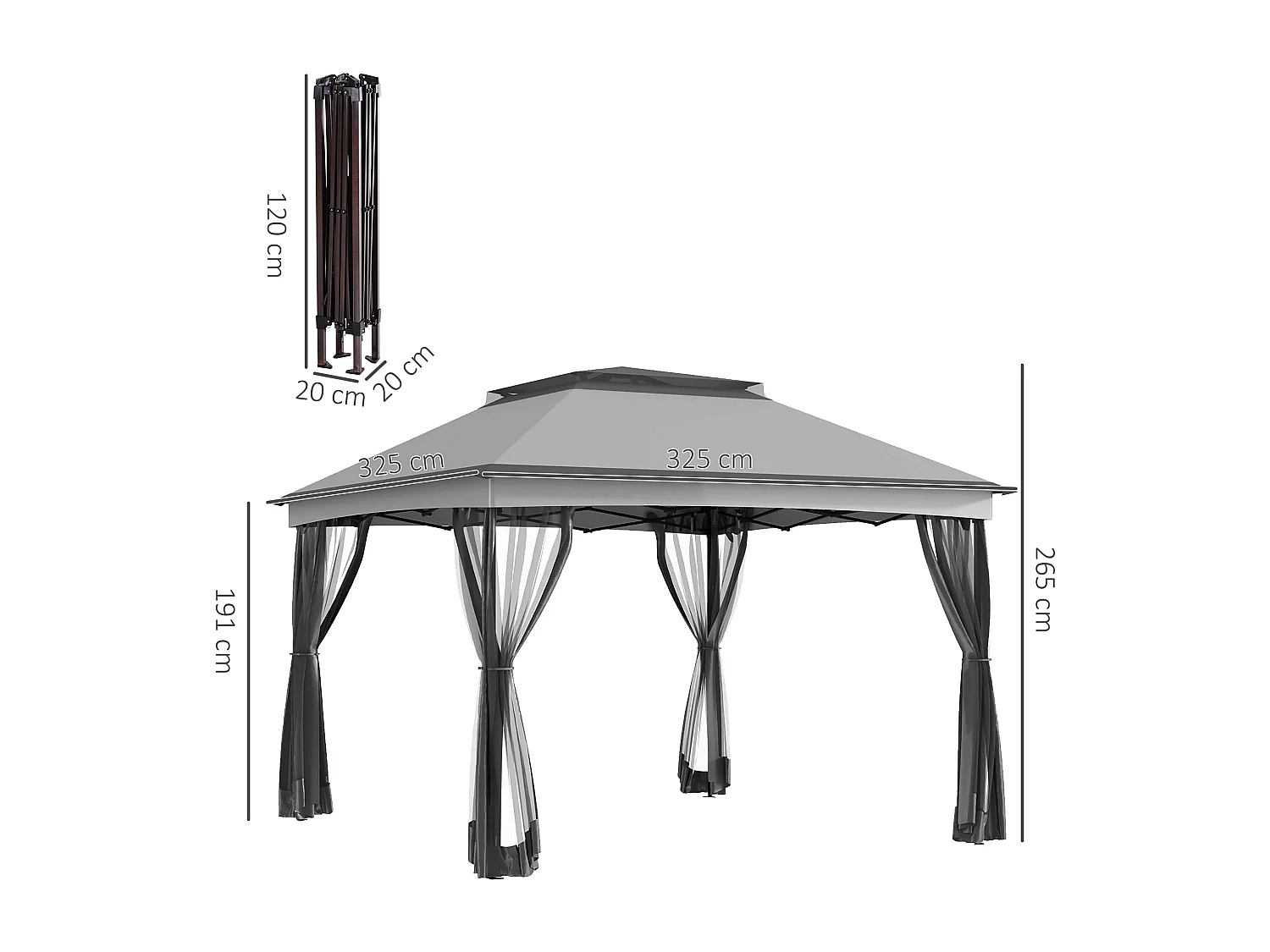 Tonnelle barnum de jardin pop-up pliant 3,25L x 3,25l x 2,7H m acier polyester moustiquaires + sac de transport gris