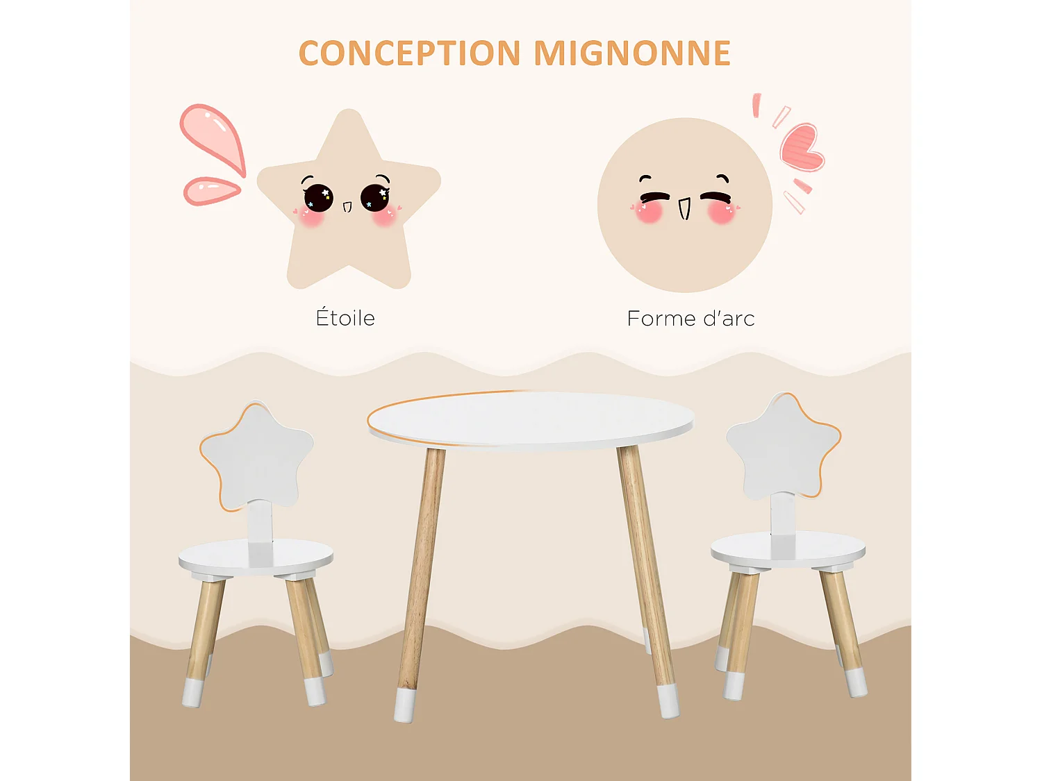 Ensemble table et chaises enfant design scandinave motif étoile bois pin MDF blanc