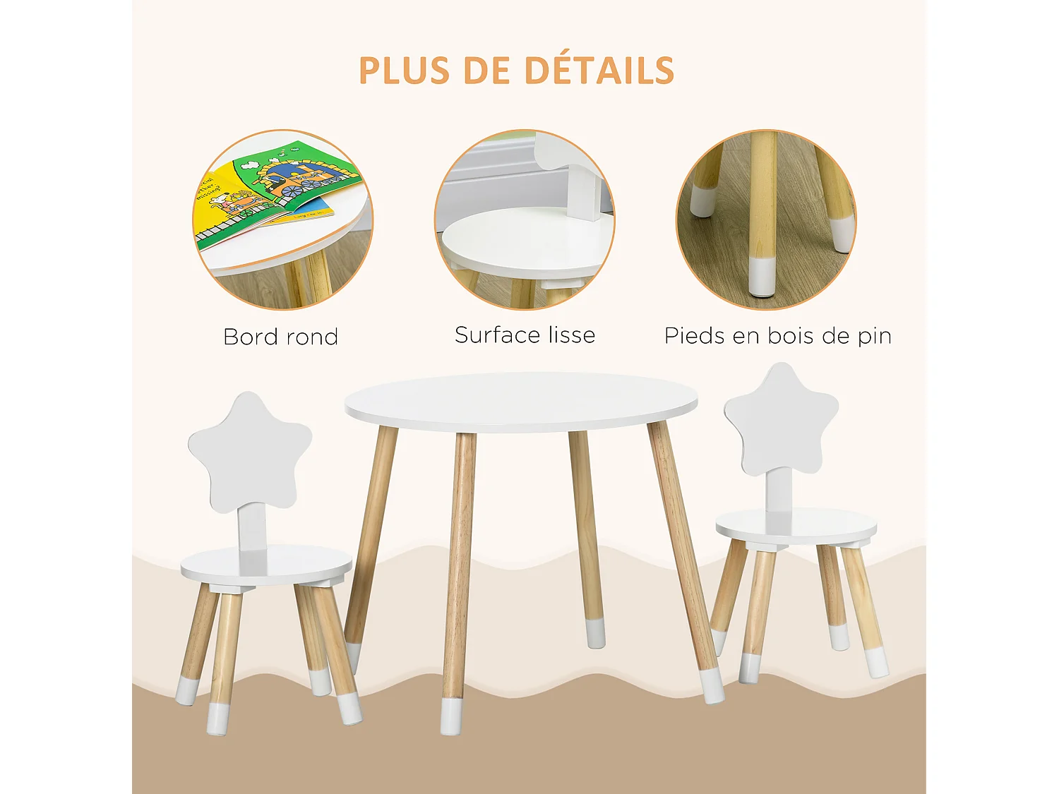 Ensemble table et chaises enfant design scandinave motif étoile bois pin MDF blanc