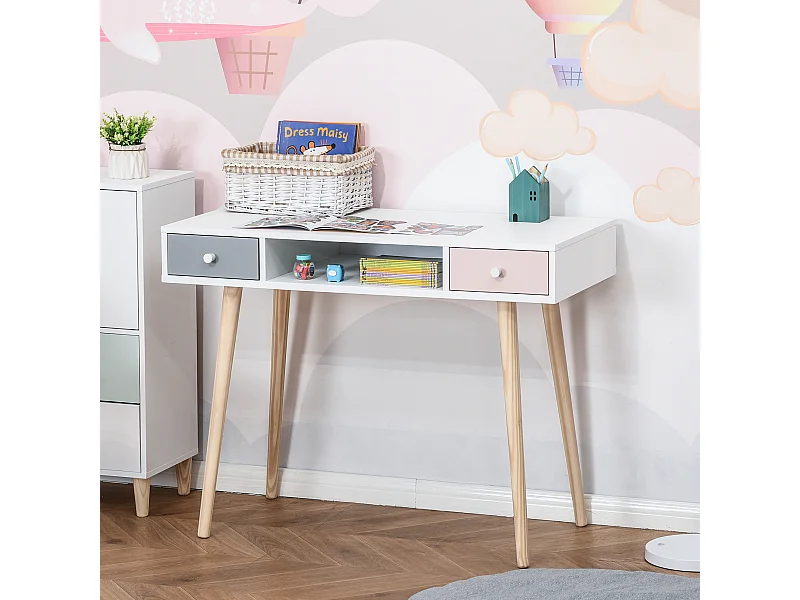 Bureau enfant style scandinave avec tiroir et compartiment de rangement 100L x 48l x 76,5H cm MDF et pin blanc gris et rose