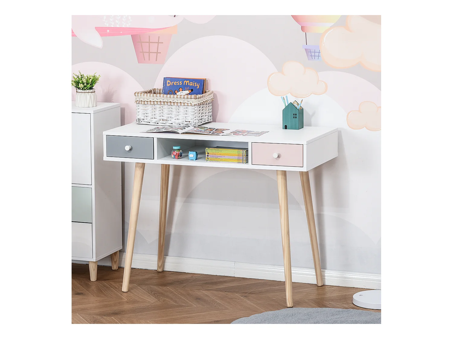 Bureau enfant style scandinave avec tiroir et compartiment de rangement 100L x 48l x 76,5H cm MDF et pin blanc gris et rose