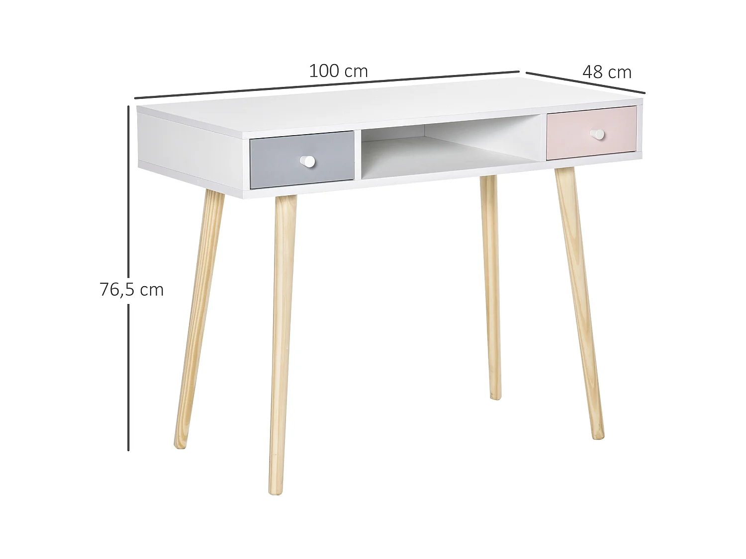Bureau enfant style scandinave avec tiroir et compartiment de rangement 100L x 48l x 76,5H cm MDF et pin blanc gris et rose