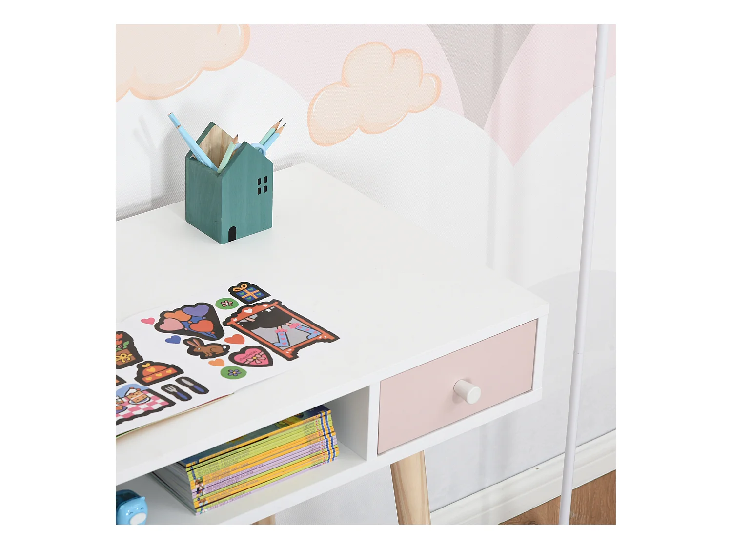Bureau enfant style scandinave avec tiroir et compartiment de rangement 100L x 48l x 76,5H cm MDF et pin blanc gris et rose