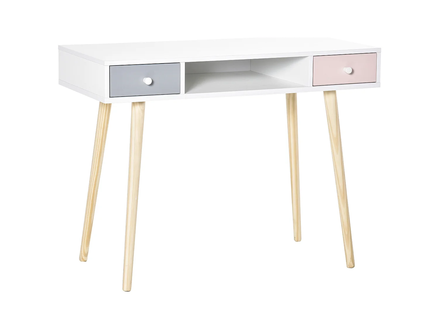 Bureau enfant style scandinave avec tiroir et compartiment de rangement 100L x 48l x 76,5H cm MDF et pin blanc gris et rose