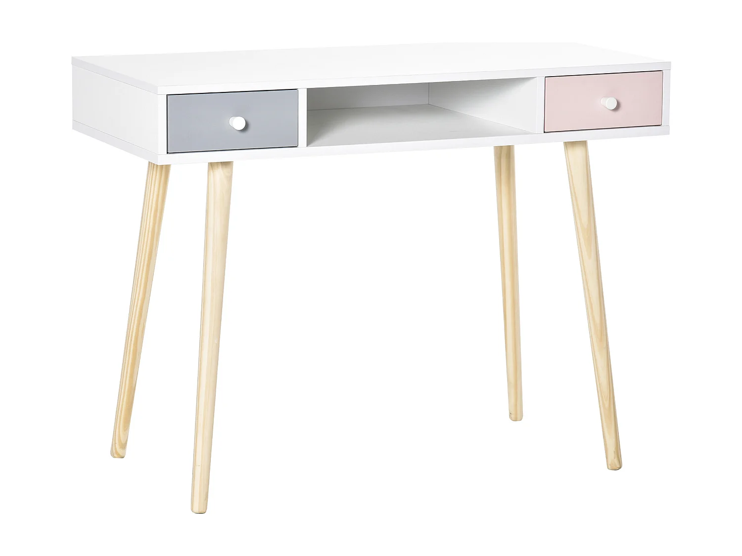 Bureau enfant style scandinave avec tiroir et compartiment de rangement 100L x 48l x 76,5H cm MDF et pin blanc gris et rose