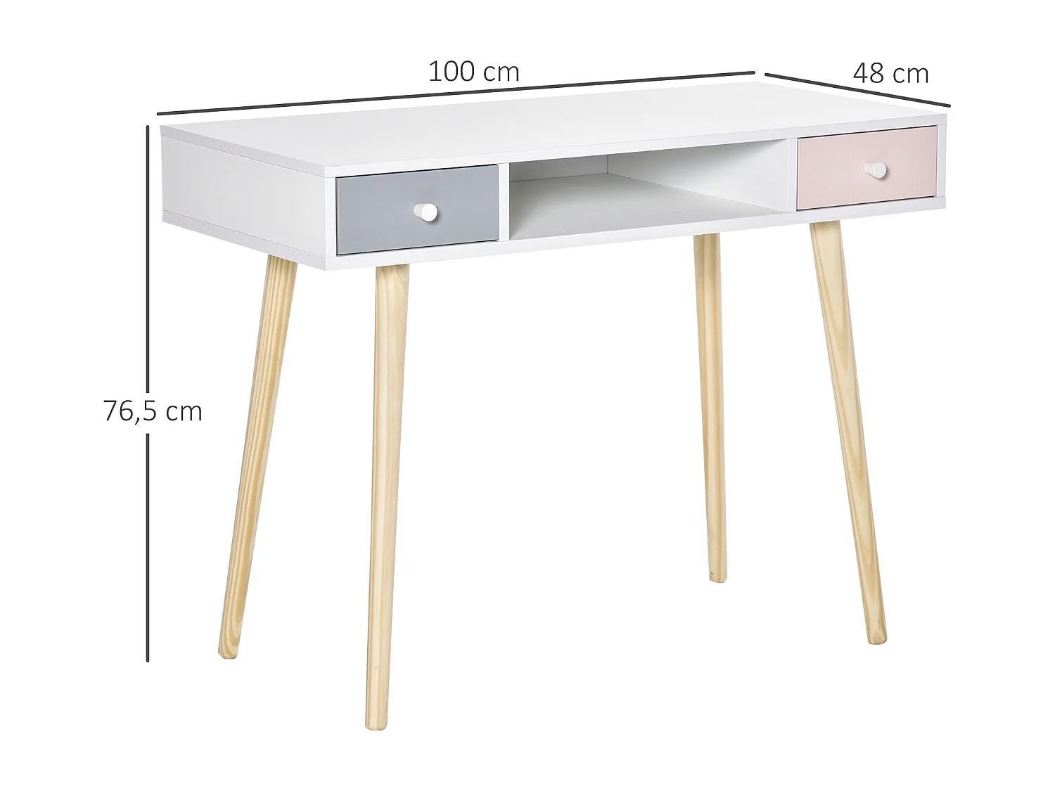 Bureau enfant style scandinave avec tiroir et compartiment de rangement 100L x 48l x 76,5H cm MDF et pin blanc gris et rose