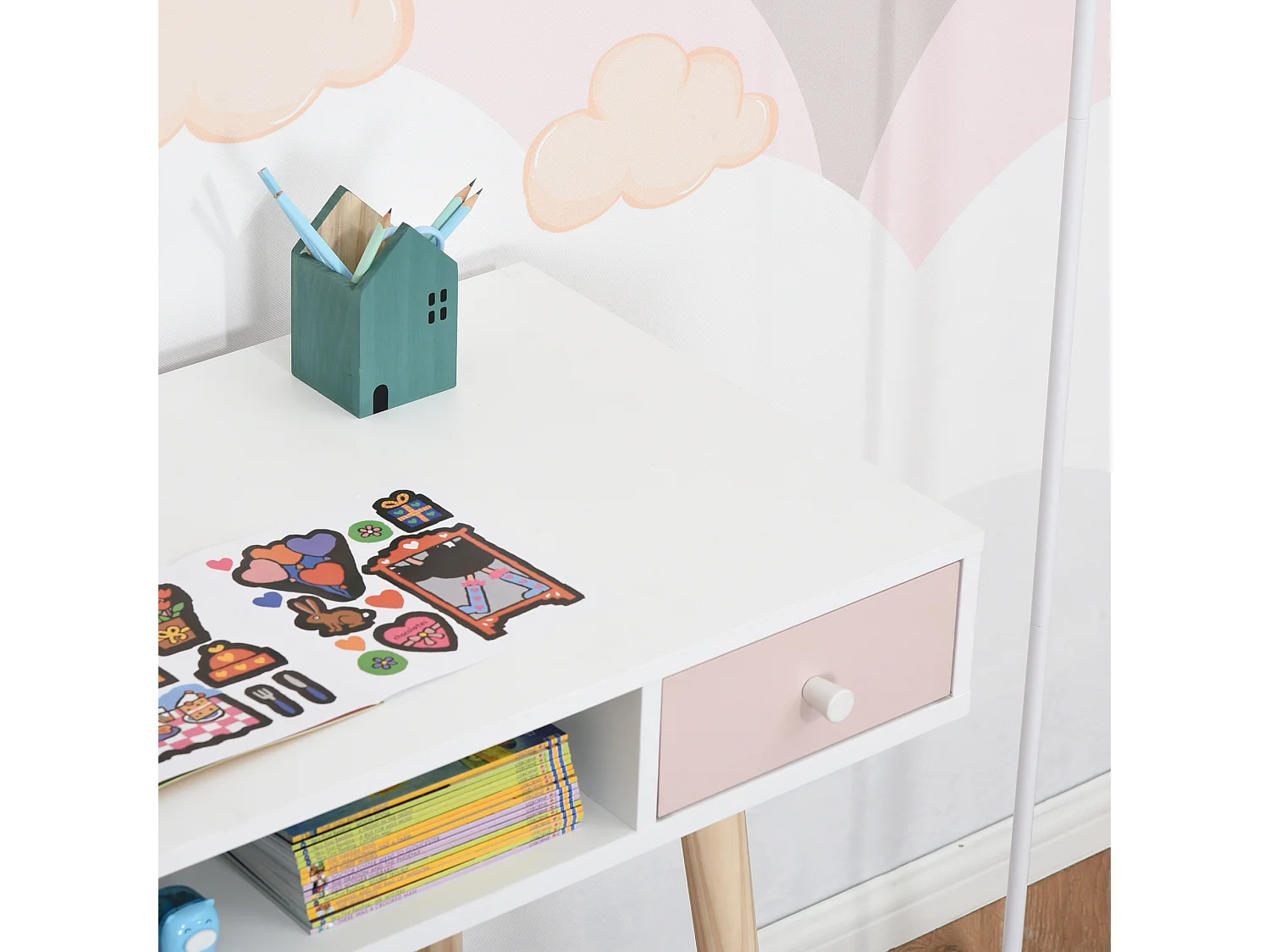 Bureau enfant style scandinave avec tiroir et compartiment de rangement 100L x 48l x 76,5H cm MDF et pin blanc gris et rose
