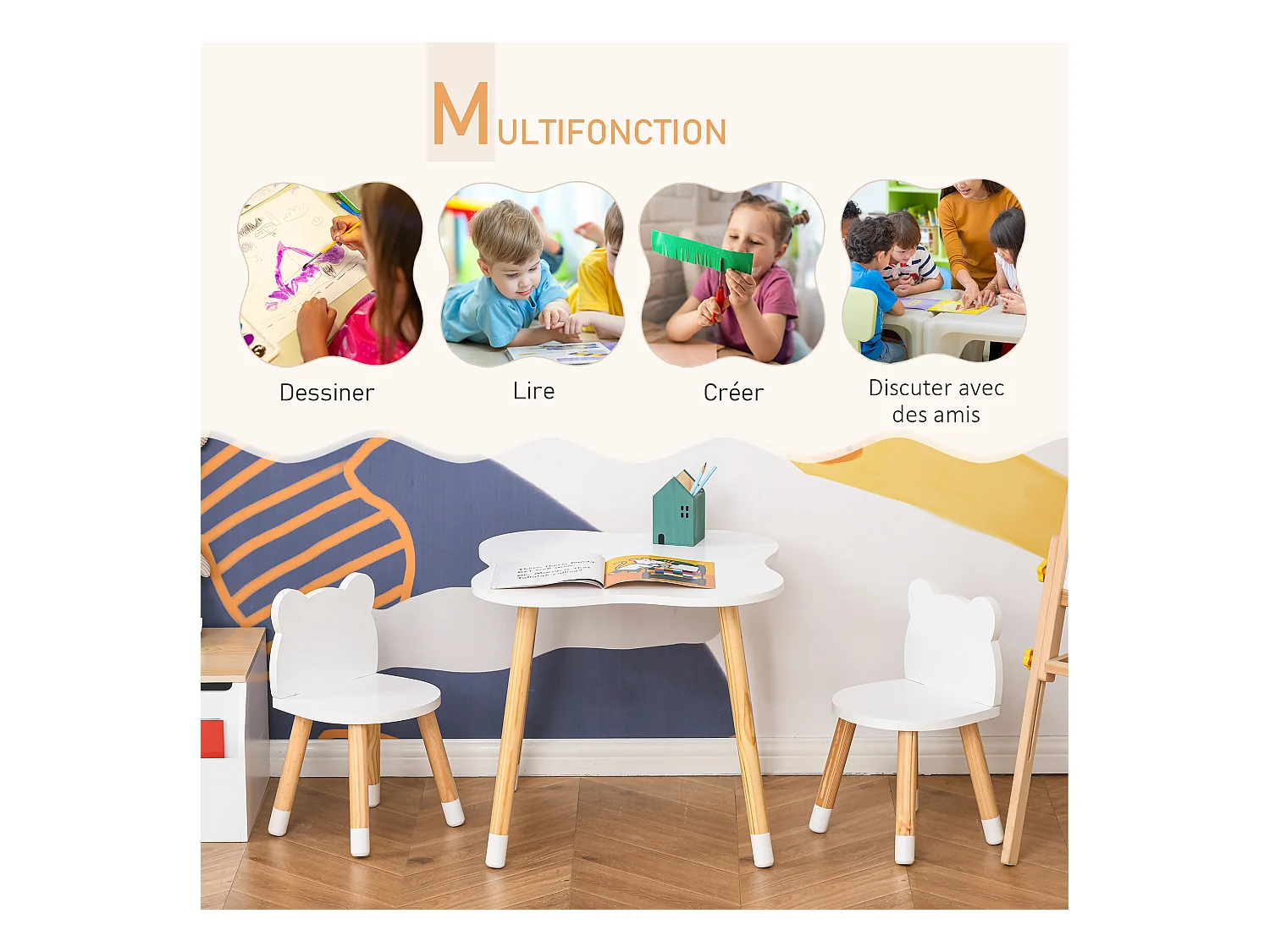 Ensemble table et chaises enfant design scandinave motif ourson bois pin MDF blanc