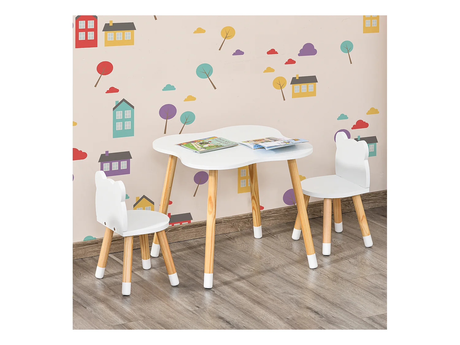 Ensemble table et chaises enfant design scandinave motif ourson bois pin MDF blanc