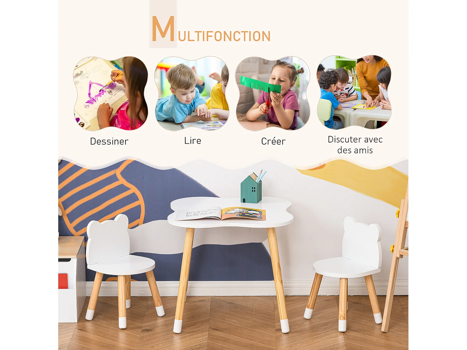 Ensemble table et chaises enfant design scandinave motif ourson bois pin MDF blanc