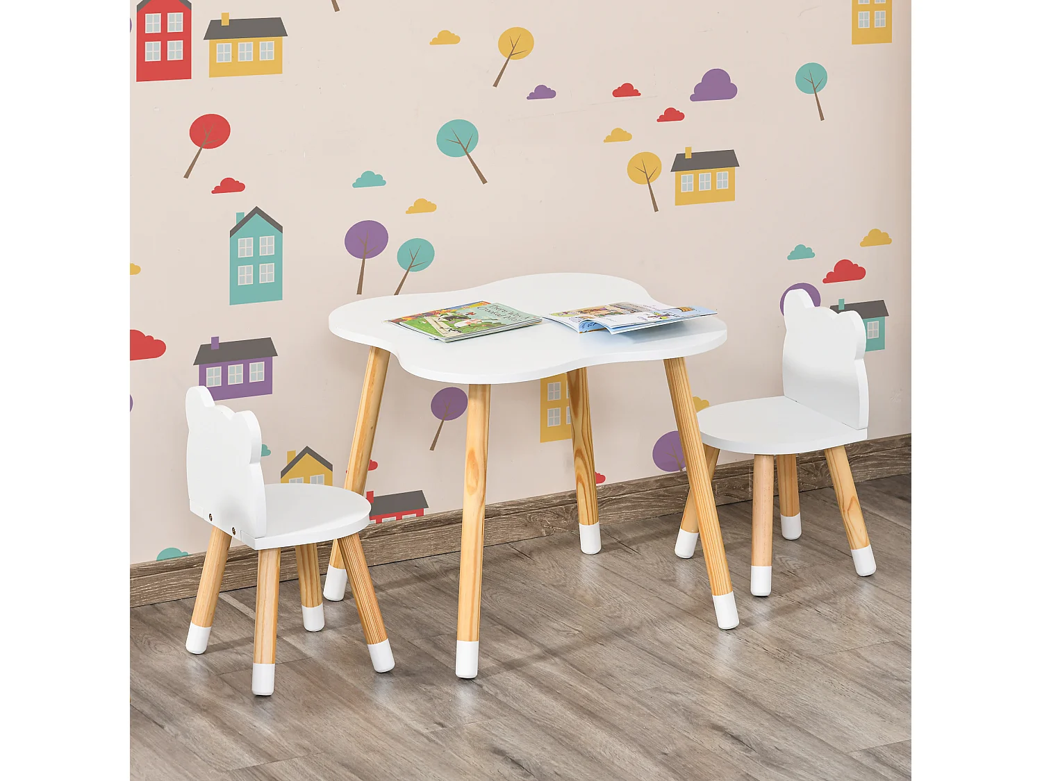 Ensemble table et chaises enfant design scandinave motif ourson bois pin MDF blanc