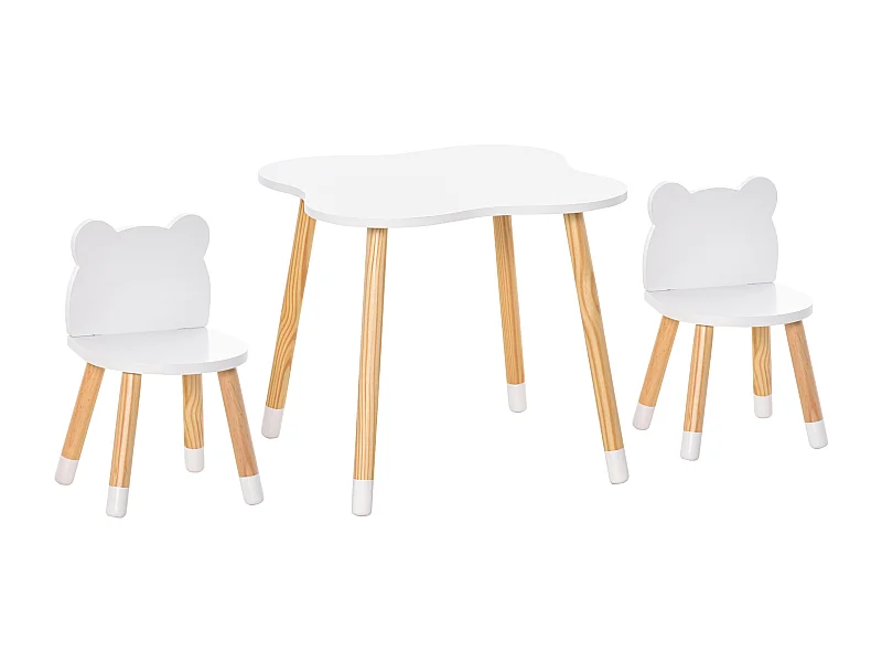 Ensemble table et chaises enfant design scandinave motif ourson bois pin MDF blanc