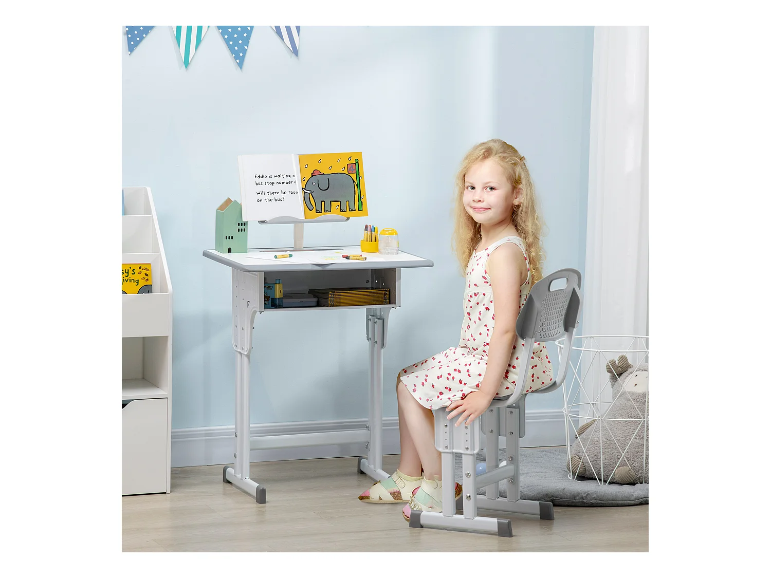Bureau enfant avec chaise - ensemble bureau et chaise réglable - support de lecture, case - gris blanc