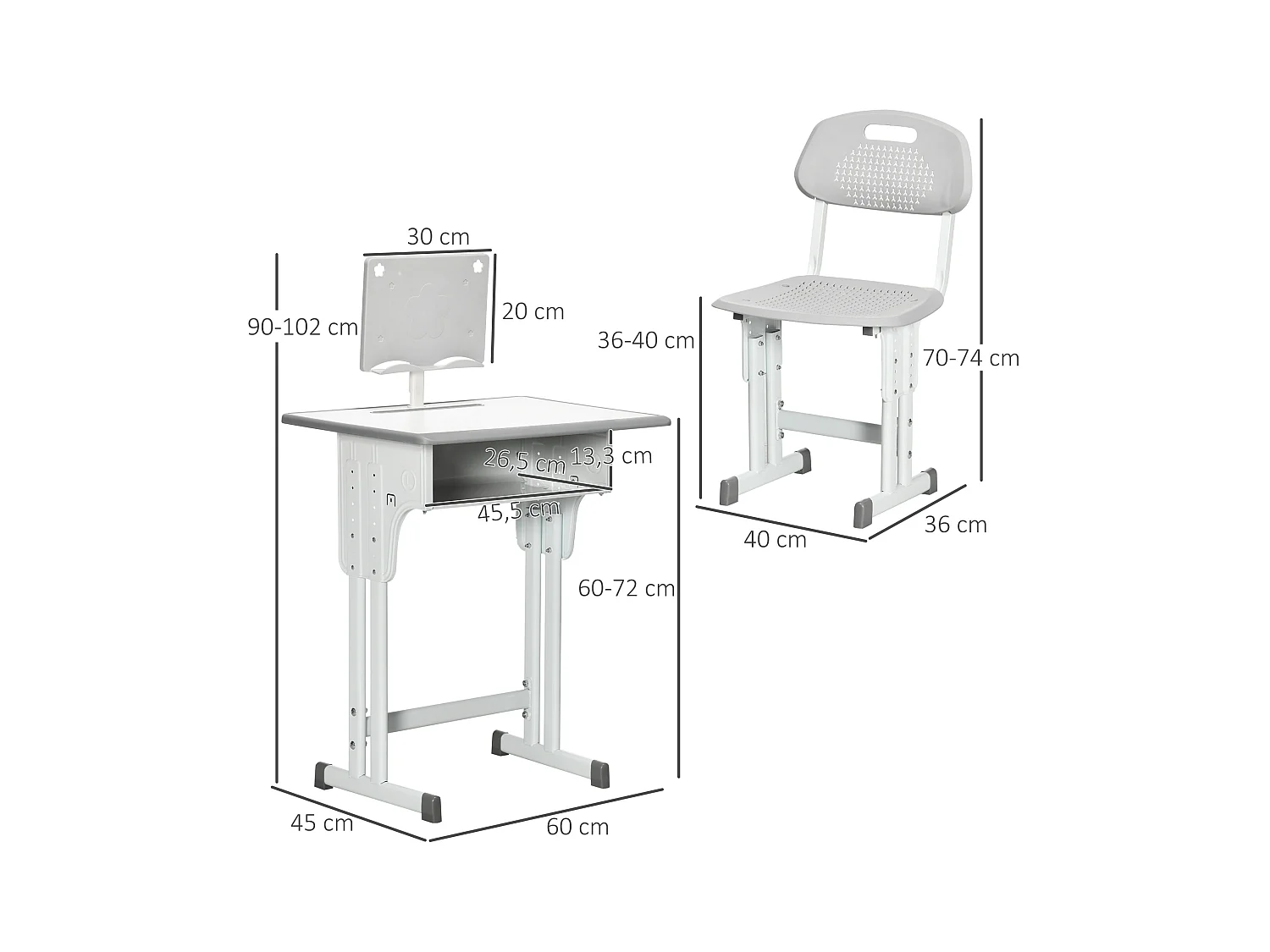 Bureau enfant avec chaise - ensemble bureau et chaise réglable - support de lecture, case - gris blanc