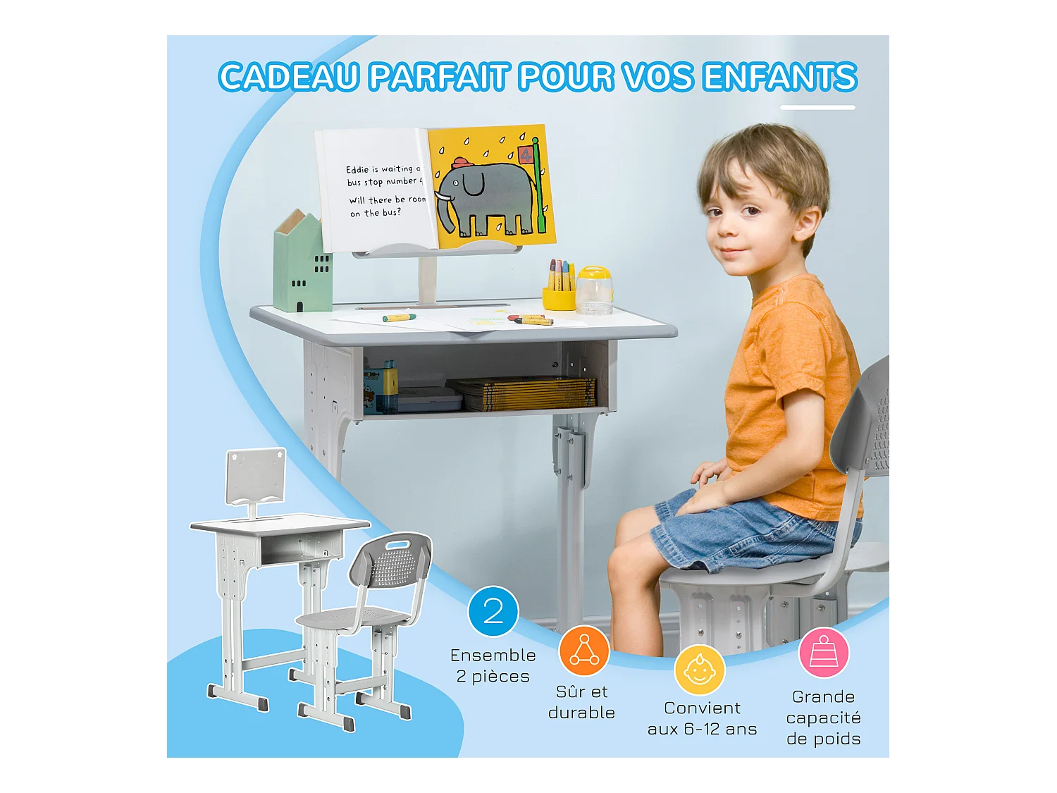 Bureau enfant avec chaise - ensemble bureau et chaise réglable - support de lecture, case - gris blanc