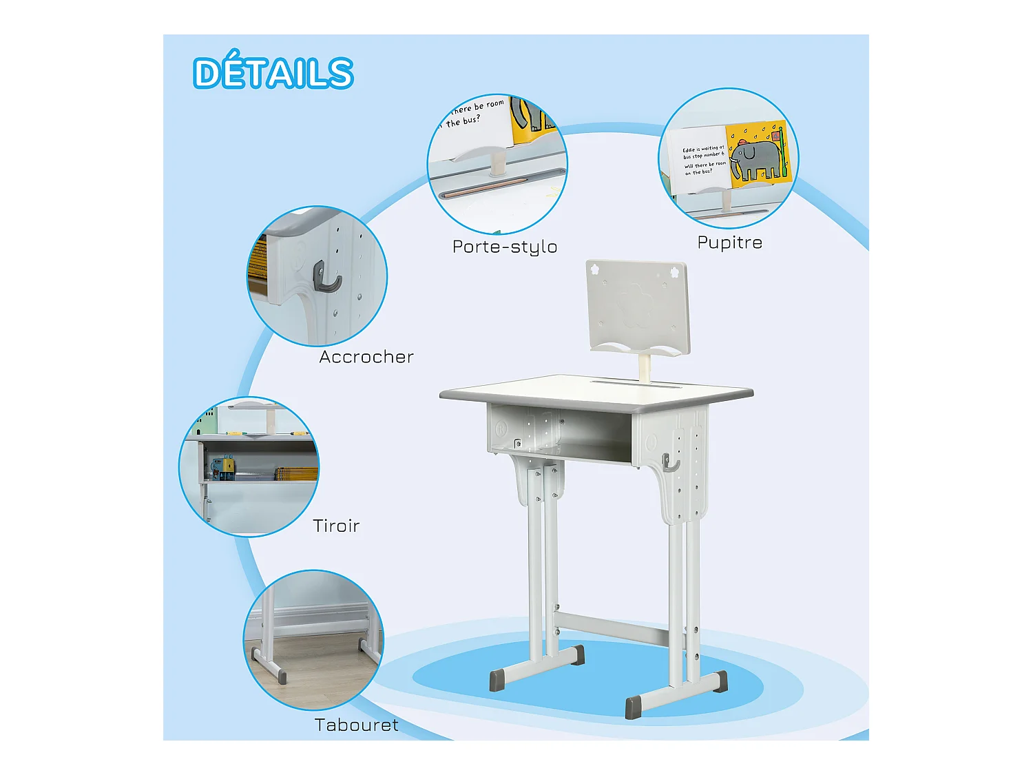 Bureau enfant avec chaise - ensemble bureau et chaise réglable - support de lecture, case - gris blanc