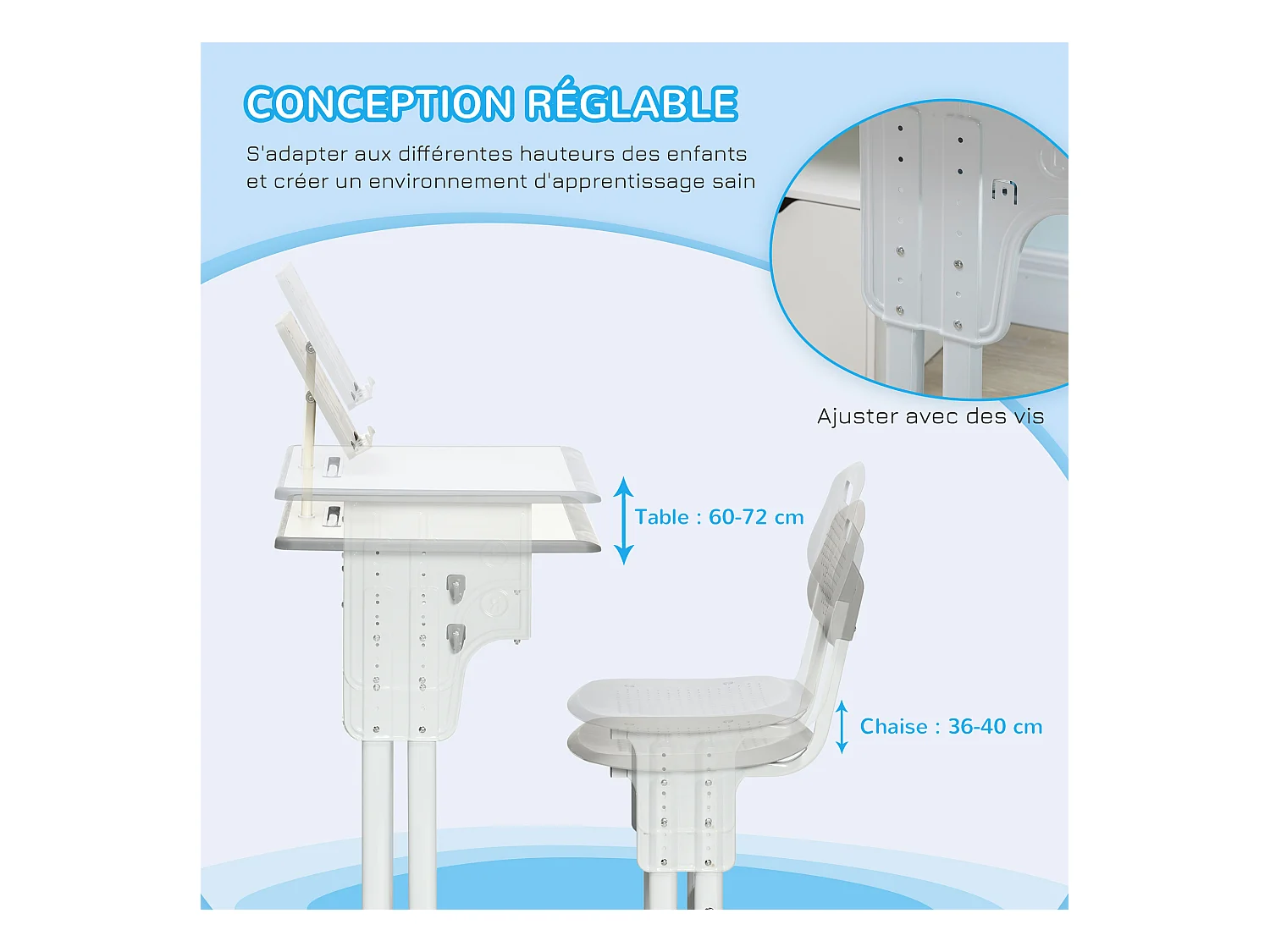 Bureau enfant avec chaise - ensemble bureau et chaise réglable - support de lecture, case - gris blanc