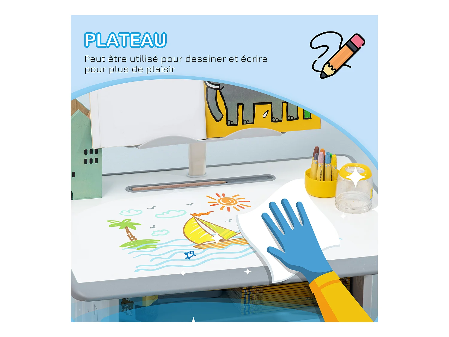 Bureau enfant avec chaise - ensemble bureau et chaise réglable - support de lecture, case - gris blanc